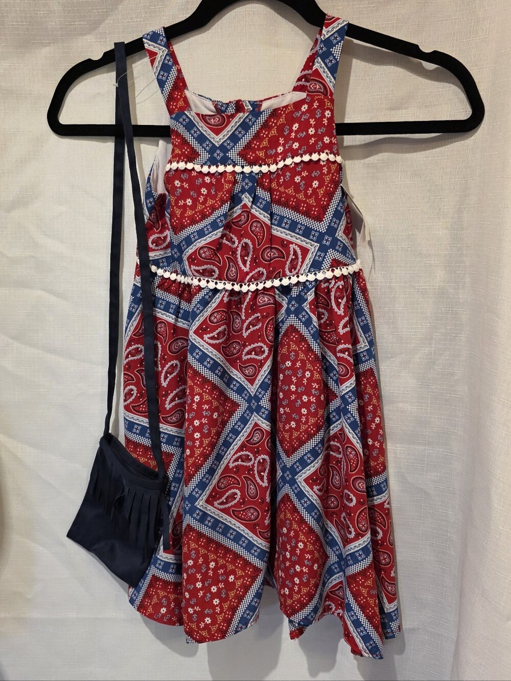 GoodLad Girls' Red & Blue Paisley Bandana Dress w/ Pom Trim & Navy Bag. Sz 5Y.